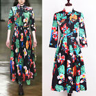 Women Long Sleeve Floral Printed A-line Dress Beaded Knee Length Prom Ball Gown
