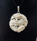 Dragon Yin Yang Circle Sterling Silver 925 Hand Carved Bone Cow Pendant Necklace