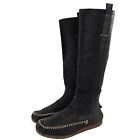 Frye Alex Pull Womens Tall Suede Boots US 8 M Stitched Black Knee-High Moc Boots