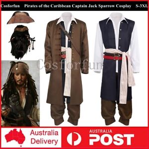 Pirates of the Caribbean Captain Jack Sparrow Cosplay Costume Jacket Hat Wig
