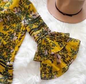 Cabi Sz S Yellow Floral Print Tiered Ruffle Bell Sleeve V Neck Sheer Blouse Top