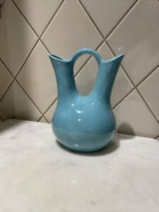 Studio Art Pottery Blue Teal Drip Glaze Wedding Vase Vintage