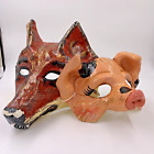 Vintage Wolf & Pig Mask Masque Arrayed Paper Mache Halloween Hand Painted Decor