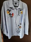 TALBOTS Poplin Shirt Size 1x Blue Striped Floral Cottage Core Embroidered