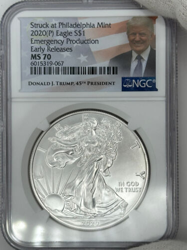 2020 P Silver Eagle NGC MS70 Emergency Prod./Early Release - Pres. Donald Trump