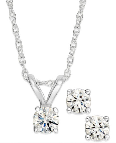 Diamond Solitaire Necklace & Studs Earrings Set 3/4 Carat tw 14K White Gold
