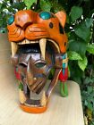 Hand Carved Mayan Wood Mask Warrior Pyramid Artwork Jaguar Snake Mexico Cedar