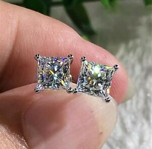 2Ct Princess Cut Lab-Created Diamond Solitaire Stud Earrings 14K White Gold Over