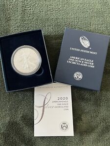 2020 W American Silver Eagle Dollar Coin With OGP & COA Burnished