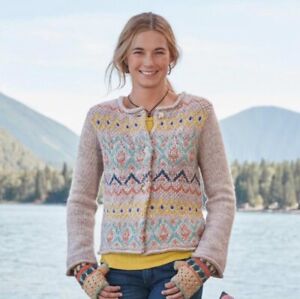 Sundance Women XS Wool Nylon Blend Fair Isle Pattern Cardigan Knit Sweater Beige