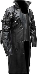 Mens Real Black Leather Coat Goth Matrix Trench Coat Gothic Steampunk Coats