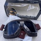 Aviator style Italian Nannini black leather goggles Made in Italy Biker Chrome