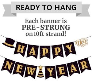 Happy New Year 2024 Banner, Black and Gold Happy New Year Party Supplies,