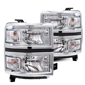 Headlights For 2014-2015 Chevy Silverado 1500 Chrome Clear Headlamps LH+RH Pairs