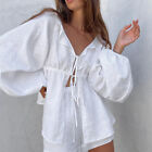Cotton linen white lantern sleeve top and shorts set, summer women two-piece set