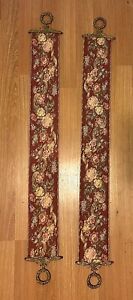 2 Vtg BELL PULL Floral Tapestries  w/ BRASS HARDWARE-corona Decor Co