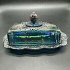 Vntg Indiana Carnival Glass Blue Iridescent Harvest Grape Covered Butter Dish