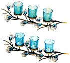 PEACOCK INSPIRED TRIO CANDLEHOLDER CENTERPIECE *Turquoise-Blue Cups, Plumes* NIB