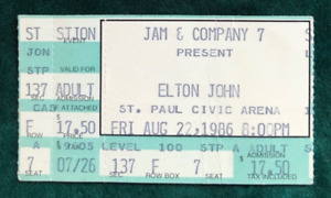 Elton John, ticket stub 8/22/1986, St. Paul Civic Arena, St. Paul, MN