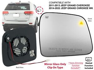 Mirror Glass Fits 2011-2022 JEEP GRAND CHEROKEE Heated with BSD Passenger Side (For: 2012 Jeep Grand Cherokee)