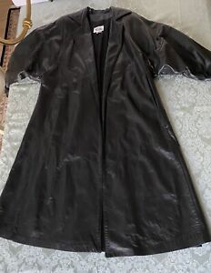 Vintage 70s Black Leather Trench Coat Women Sz XL Open Front Bat Sleeve Maxi USA