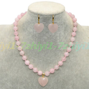 Natural Pink Rose Quartz Round Beaded Heart Shaped Pendant Necklace Earrings Set