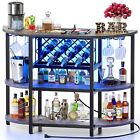 Bar Table Cabinet with Power Outlet LED Home Mini Bar for Liquor Metal Brown