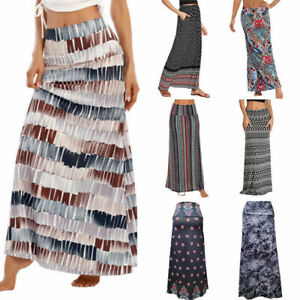 Boho Long Maxi Dress Summer Beach Holiday Party Casual Elastic Waist Skirt Women