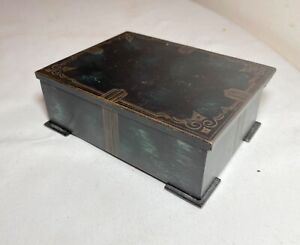 quality antique handmade Handarbeit tooled bronze verde gris cigarette wood box
