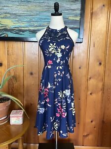 XS Floral Navy Blue Cocktail Dress Lace Red Halter Knee Length Extra Small Fall
