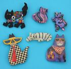 Lot of 6 Cat Brooch Pin Animal Kitten Handmade Polymer Clay? Wood Guitar Glasses