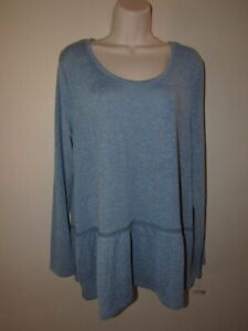 Massini Women's XL Knit Top Blue Babydoll Long Sleeve Ruffle Hem Stretch NWT