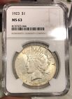 1923 Peace Dollar graded MS63 by NGC Lightly Toned Off White Scratched Holder