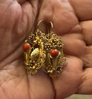 Antique 14k Yellow Gold Filigree 3D Genuine Red Coral Dangle Earrings 6.2 gr