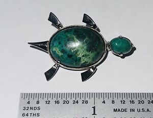 Vintage WRE Sterling Silver Malachite Turquoise Turtle Pin Brooch
