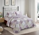 and Beige Rose Patchwork, 3-Piece Quilt Set with 2 Shams, Quilt Set Queen Lilac
