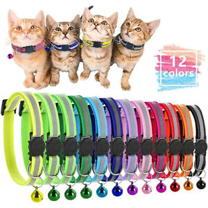 12 PCS LOT Breakaway Cat Collars Safety Kitten Reflective Collar Bell Cat face