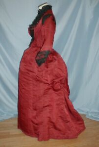 Supreme Antique Bustle Dress Victorian 1880's Burgundy Silk Lace & Bead Trims