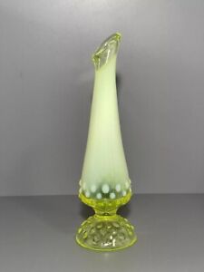 New ListingVtg FENTON Glass Yellow Opalescent Hobnail Swung Vaseline Bud Vase 8.25” Glows!