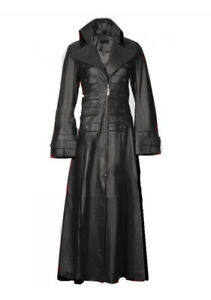 Womens Winter Long Coat Real Leather Steampunk Style Trench Black Coat