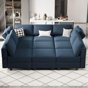 Belffin Modular Sectional Sofa with Ottomans Velvet Reversible Sleeper Blue