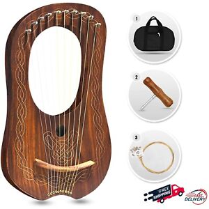 Rosewood 10 Metal Strings Irish Lyre Harp Natural Finish Engraved Floral Design