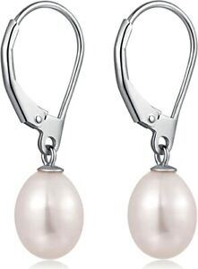 925 Sterling Silver Drop Hook Lever Back Freshwater Pearls Earrings 8MM