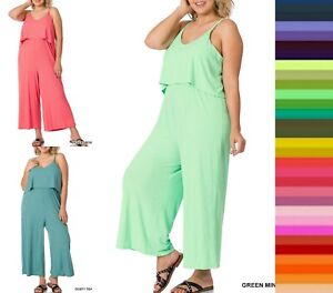 1X 2X 3X V Neck Ribbed Spaghetti Strap Tank Top Wide Pant Set One Piece Jumpsuit