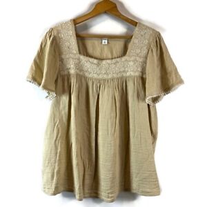 Old Navy Womens Top Size XL Tan White Floral Embroidered Peasant Short Sleeve