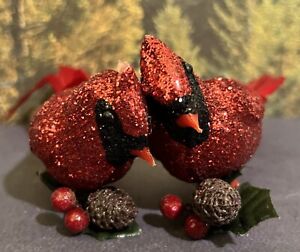 2 Cardinal Birds 1980s Christmas Tree Ornaments Clip On Glitter Feather Tails