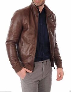 New Leather Jacket Mens Biker Motorcycle Real Leather Coat Slim Fit Brown #1223