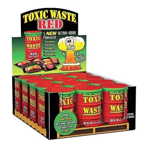 12x Toxic Waste Red Drum Candy Sweets Red Sour Candy Hard Boiled Sour Sweets