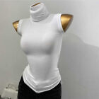Women Turtleneck Vest Slim Sleeveless Crop Top Tee Ribbed Tank T-Shirts Thin