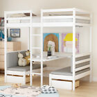 Functional Bunk Bed with Storage Drawers Wood Loft Bed with Desk and Cushion Set